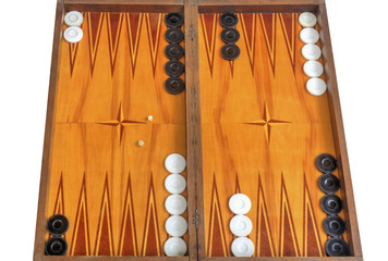 Wooden board for playing backgammon game with pools and dice