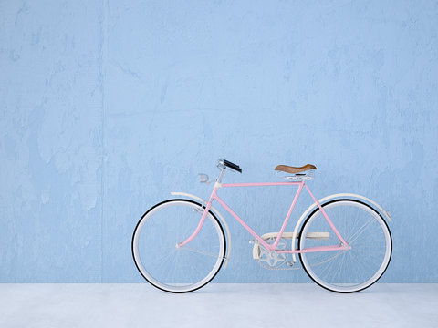 retro vintage bicycle old and blue wall. 3d rendering