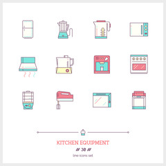 Color line icon set of kitchen equipments objects, tools and ele