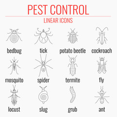 Pest control line icon set with insects-cockroach, tick, bedbug, fly, mosquito, spider, termite, ant, grub, locust, slug, potato beetle. Perfect for exterminator service and pest control companies.