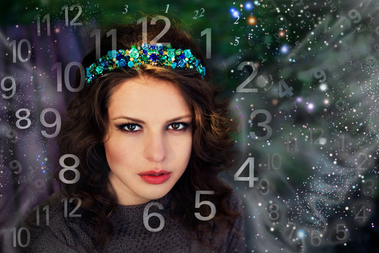 Woman's face, magic of figures, numerology