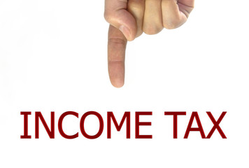 woman hand writing income tax on a transparent wipe board. isolated on white background