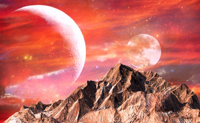 Rock mountain with red sky and twin moons as background for science fiction concept