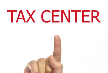 Man hand writing tax center on a transparent wipe board. isolated on white background