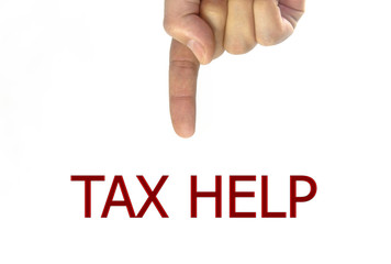 Man hand writing tax help on a transparent wipe board. isolated on white background