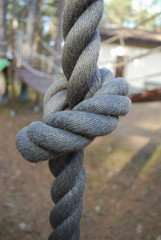 Fototapeta premium Children’s wooden playground in the forest. Hanging rope. Place for games and sports activities.