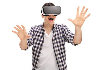 Excited man experiencing virtual reality