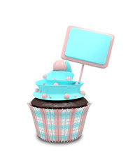 sweet cupcake with blank board isolated on white background