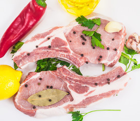 two pieces of beef steak, greens, garlic, lemon, red pepper and sunflower oil or olive oil, and bay leaf. set products