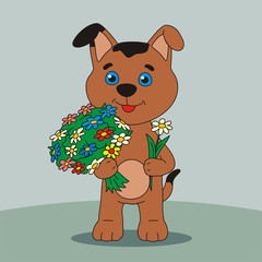 Cute puppy, little dog with flowers, congratulations