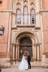 two couple after wedding in tne park near the castle