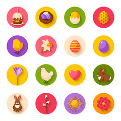 Cute Happy Easter Flat Icons on Circles