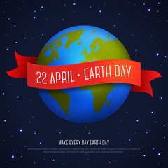 Vector illustration of earth globe with red ribbon and text Earth Day 