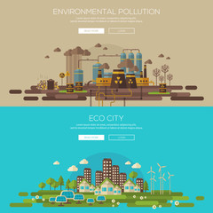 Naklejka premium Green eco city and environmental pollution by factory 