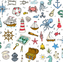 Seamless background hand drawn doodle Boat and Sea icons set Vector illustration Sea life elements Ship symbols collection Marine life Nautical design Underwater Sea animals Sea map Spyglass Magnifier