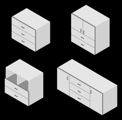  Set of four bureau. Vector illustration. Set for isometric interior.
