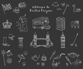 Hand drawn doodle United Kingdom set Vector illustration UK icons  Welcome to London elements British symbols collection Tea Bus Horse riding Golf Crown Beer Lion Bulldog London bridge Big Ben Tower