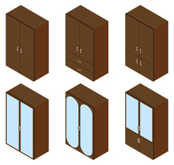 Set of six cupboards. Vector illustration. Set for isometric interior.