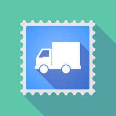 Long shadow mail stamp icon with a  delivery truck