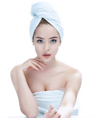 Teen girl with problem skin. Woman skin care concept / photos of ugly problem skin girl on white background