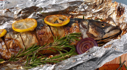 Cooked fish mackerel on the grill