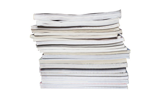 The stack of magazines on a white background. There are 21 magazines with different thickness