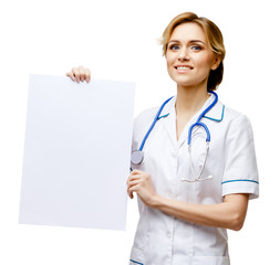 Woman doctor standing on white background