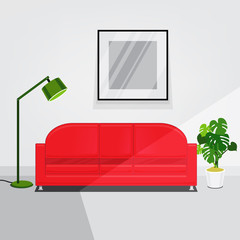 White walls living room interior with red sofa