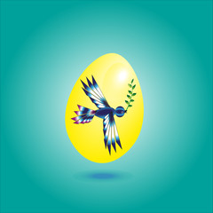 
 Illustration yellow egg with a bird
Yellow egg with a bird on a green background leaf in its beak under the shadow egg

