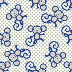 Blue monkey kid seamless vector pattern for textile print.