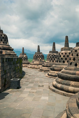 Stupas, or heap in Sanskrit, at the Borobudur buddhist temple, a UNESCO World Heritage site in...