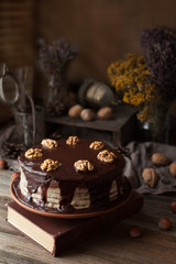 Chocolate cake dark food mystery composition with book herbs and walnuts on vintage wooden table background. Rustic style
