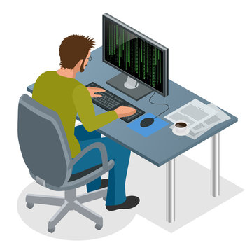 Developer Using Laptop Computer. Web Development concept. Web programming concept. Programming, coding, testing, debugging, analyst, code developer flat 3d isometric vector illustration