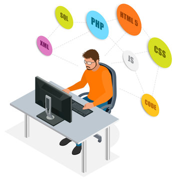 Developer Using Laptop Computer. Web Development concept. Web programming concept. Programming, coding, testing, debugging, analyst, code developer flat 3d isometric vector illustration