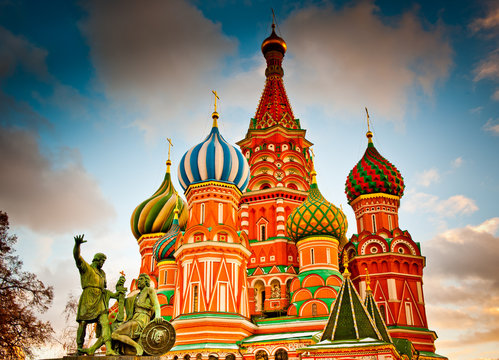 St. Basil's Cathedral on Red square at sunset in Moscow, Russia