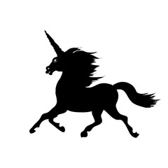 Running unicorn black silhouette isolated on white