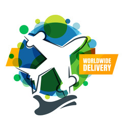 Worldwide delivery icon. Flight airplane silhouette, green globe on hand. Vector design elements for logo, label or sticker. International air shipping, export and logistic concept.