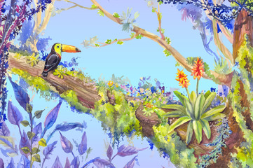 Fototapeta premium Jungle forest with toucan sitting on the tree, watercolor illust