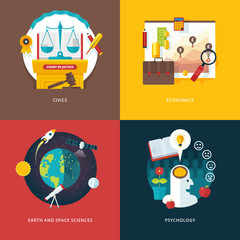 Vector set of flat design illustration concepts for civics study, economics, earth and space sciences, psychology . Education and knowledge ideas. Concepts for web banner and promotional material. 