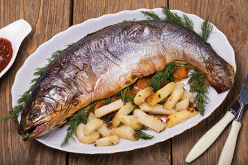 Baked fish and chips and dill