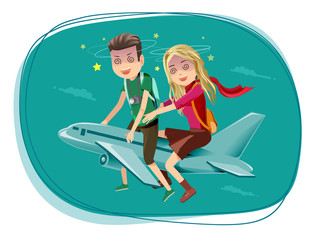 Fototapeta na wymiar Couples who have difficulty traveling by an airplane.Fear for a long trip.Symptoms airsick.People who have never traveled by plane.Bad experience trip.Concerns about the airline.Graphic and EPS 10.