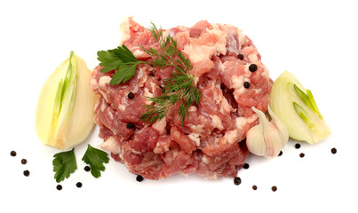 Minced meat, onion, garlic, pepper and herbs isolated on white background.