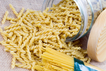 Pasta / Pasta lying on jute fabric