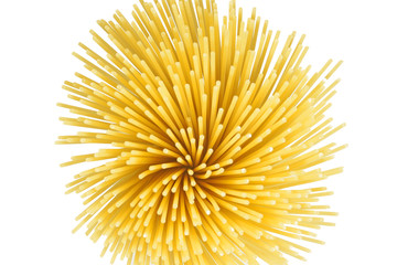 Bunch of spaghetti isolated on white. Top view. 