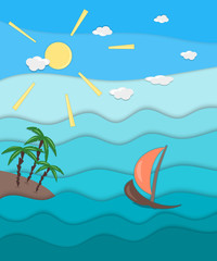 Fototapeta na wymiar Multilevel illustration on the theme of vacation with sailboat and island in the background of a sea landscape, material design