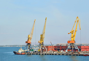 Tugboat and freight train under port crane