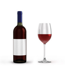 with red wine bottle and glass with wine isolated on white backg