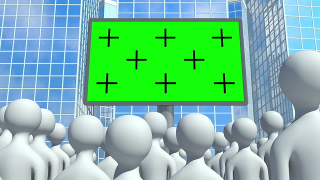 Crowd looking at the billboard with a green screen