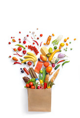 Healthy food in package / studio photography of different fruits and vegetables isolated on white backdrop, top view. High resolution product