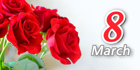 Bouquet of Beautiful Red Roses on Light Background. Greeting Card for Women's Day 8 March